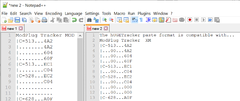 Screenshot of the clipboard format of hUGETracker and ModPlug