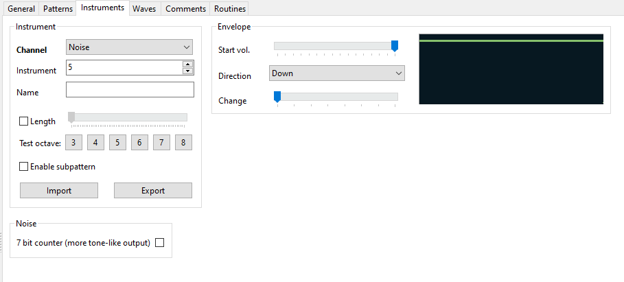 Screenshot of the instruments tab, editing a noise instrument