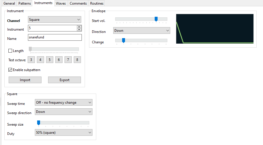 Screenshot of the instruments tab, editing a square instrument